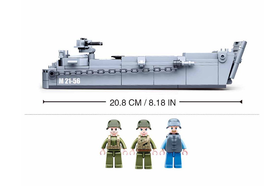 Brick-built gray landing craft with three minifig soldiers and attached chain detail