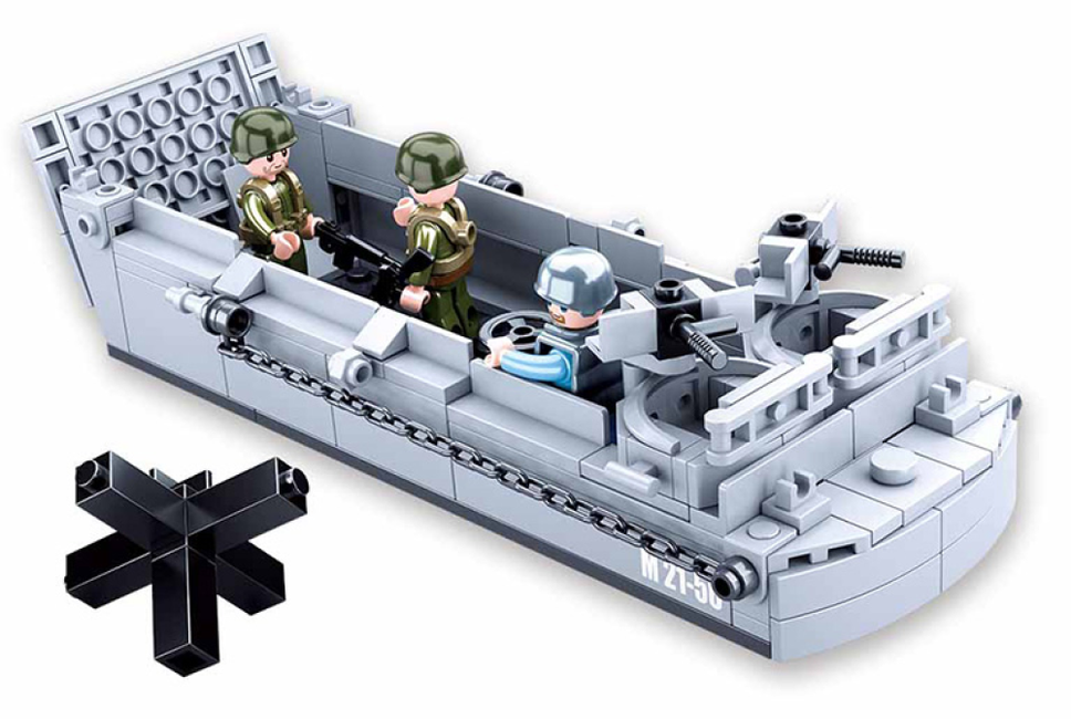 Gray brick-built landing craft interior with minifigs, guns, and chain along the hull