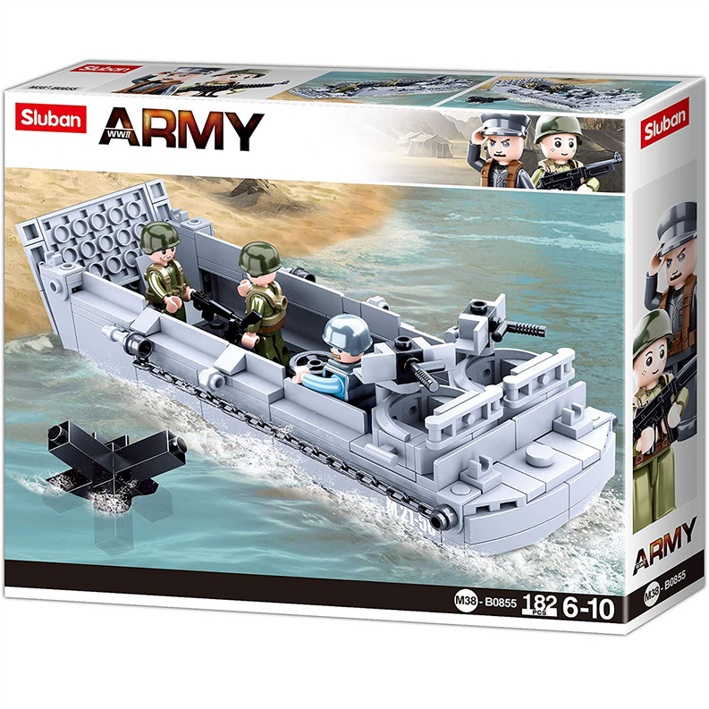 Boxed building set featuring a gray military landing craft model and minifig soldiers