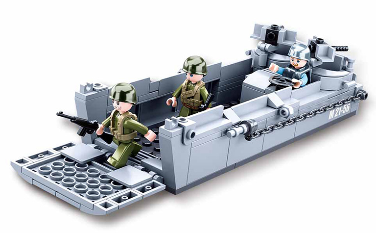 Gray brick-built landing craft with two minifig soldiers holding rifles and side gun mounts