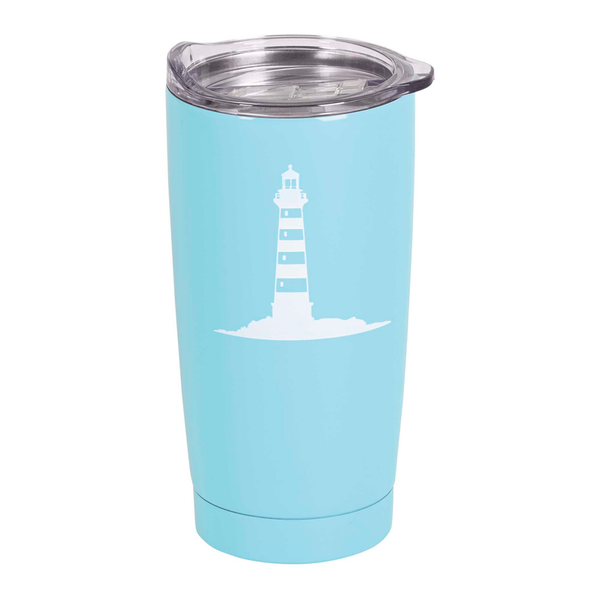 Teal tumbler with clear lid and white lighthouse graphic