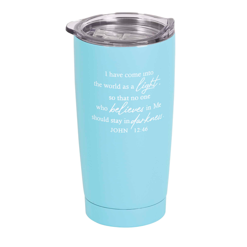 Teal tumbler with clear lid and light-themed quote on side