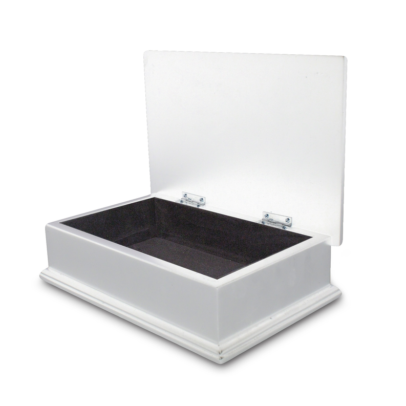 White keepsake box open with dark interior tray and hinged lid