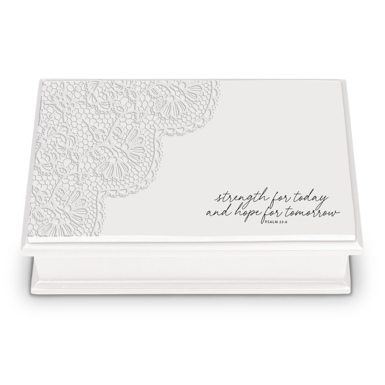 White keepsake box with lace-style floral panel and inspirational script on lid