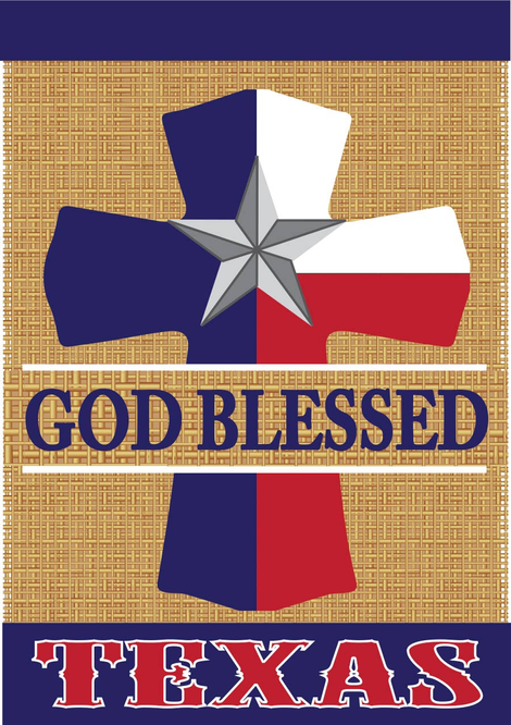 Burlap wall decor with split-color star and text 'GOD BLESSED' and 'TEXAS'.