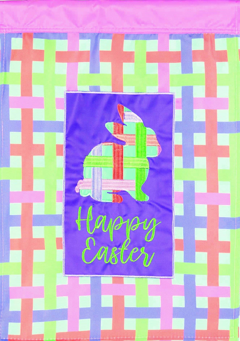 Happy Easter polyester hanging flag with bunny and “Happy Easter” text, multicolor background