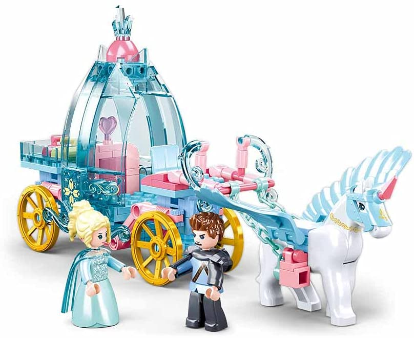 Winter carriage brick set with blonde and brown-haired minifigures, dog and wagon pieces