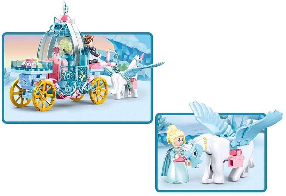 Winter carriage brick model with winged white horse and two minifigures
