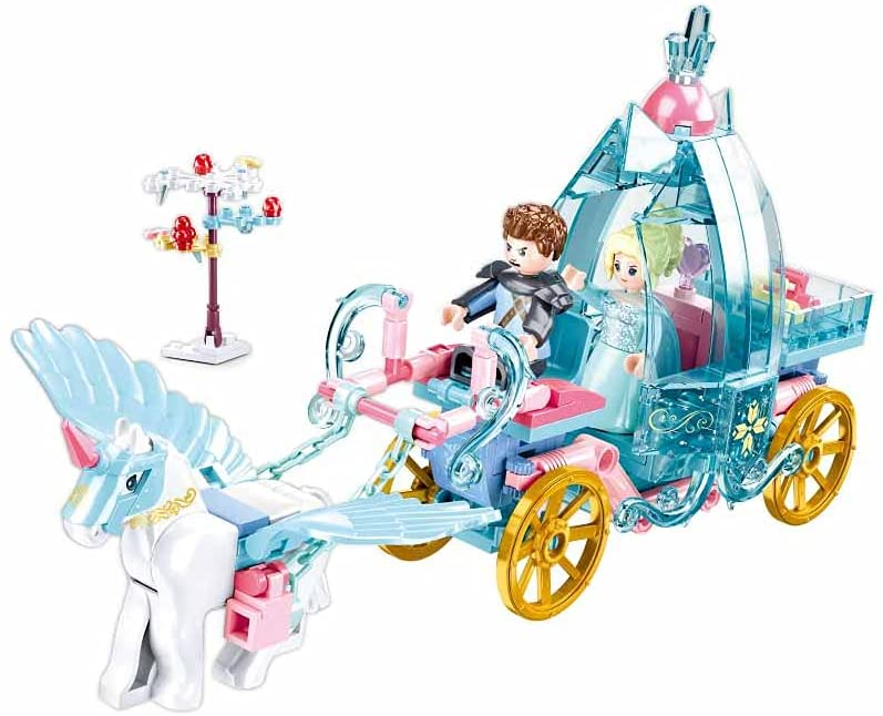 Winter carriage brick model with two minifigures, pink details, and white horse