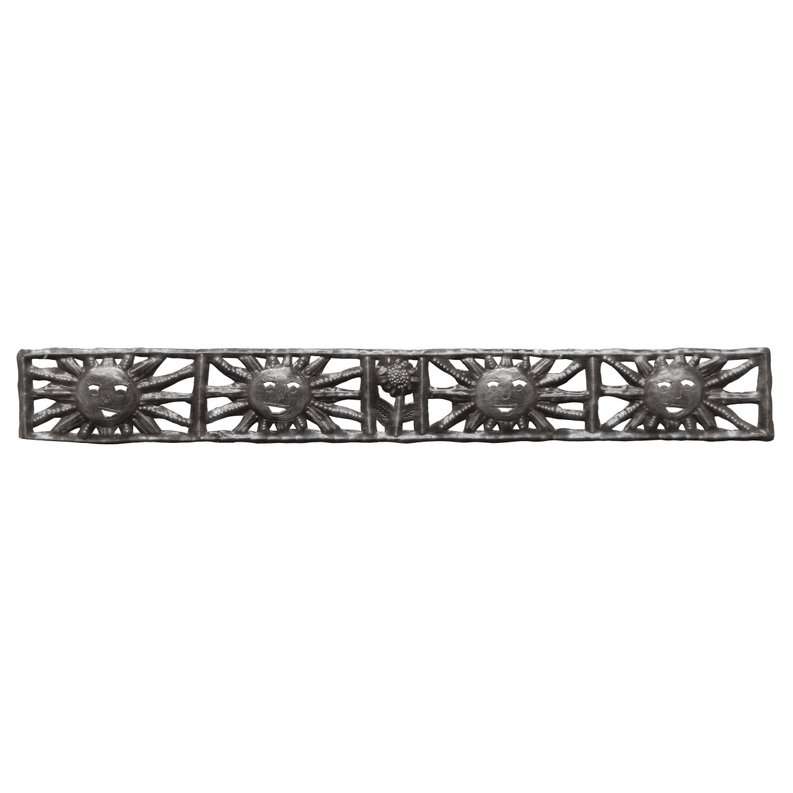 Recycled steel wall accent bar with four sunburst ornaments