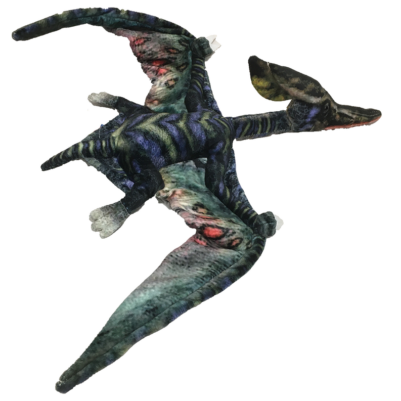 26-inch pterosaur plush, spread wings and long tail, blue-green speckled fabric, open mouth
