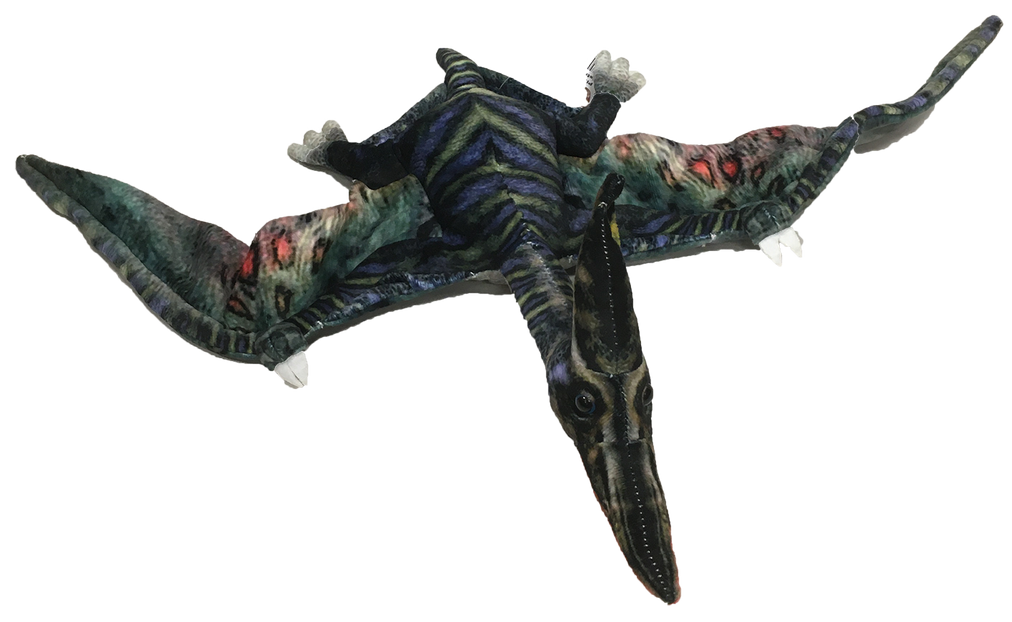 26-inch pterosaur plush in side pose, wings spread, red-and-blue speckled pattern, beak down
