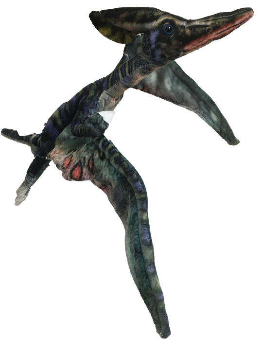 26-inch pterosaur plush, head and wings detail, blue-green speckled body, spread legs