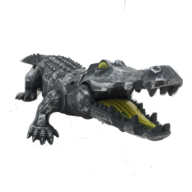 Mechanical crocodile walking toy with textured dark silver scales and yellow mouth accents.