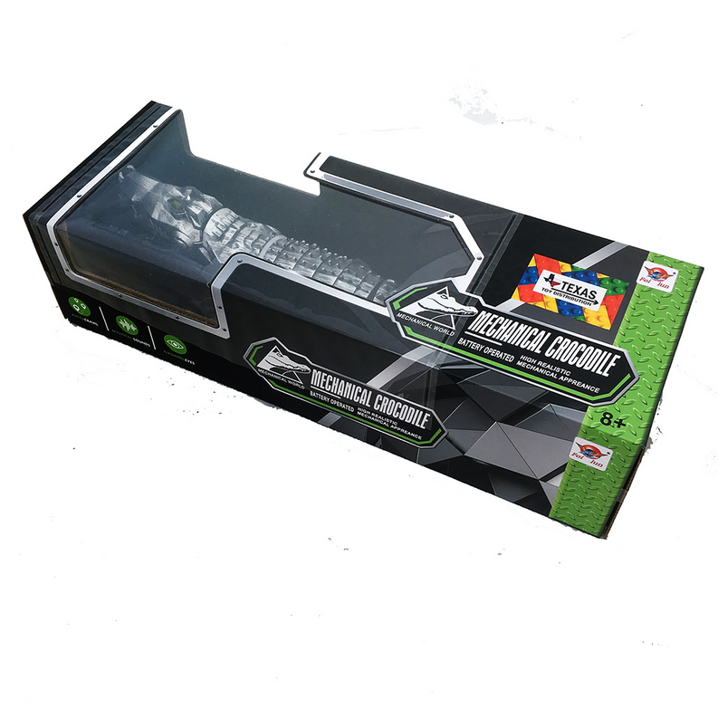Mechanical walking crocodile toy packaging with dark silver crocodile and clear window.