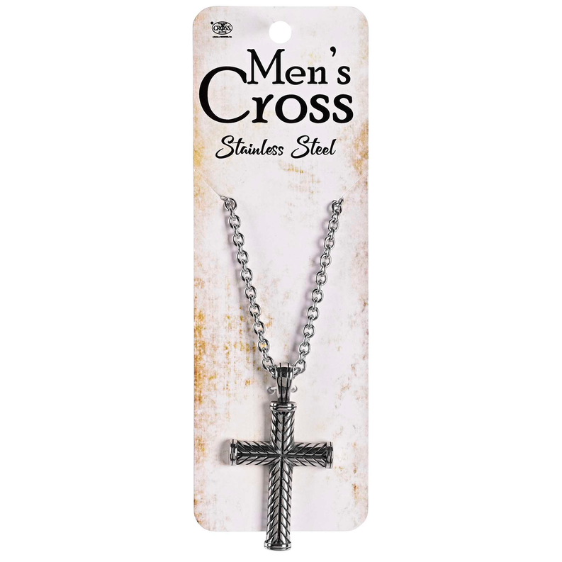 Stainless steel antique swirl cross necklace with curb chain and clasp