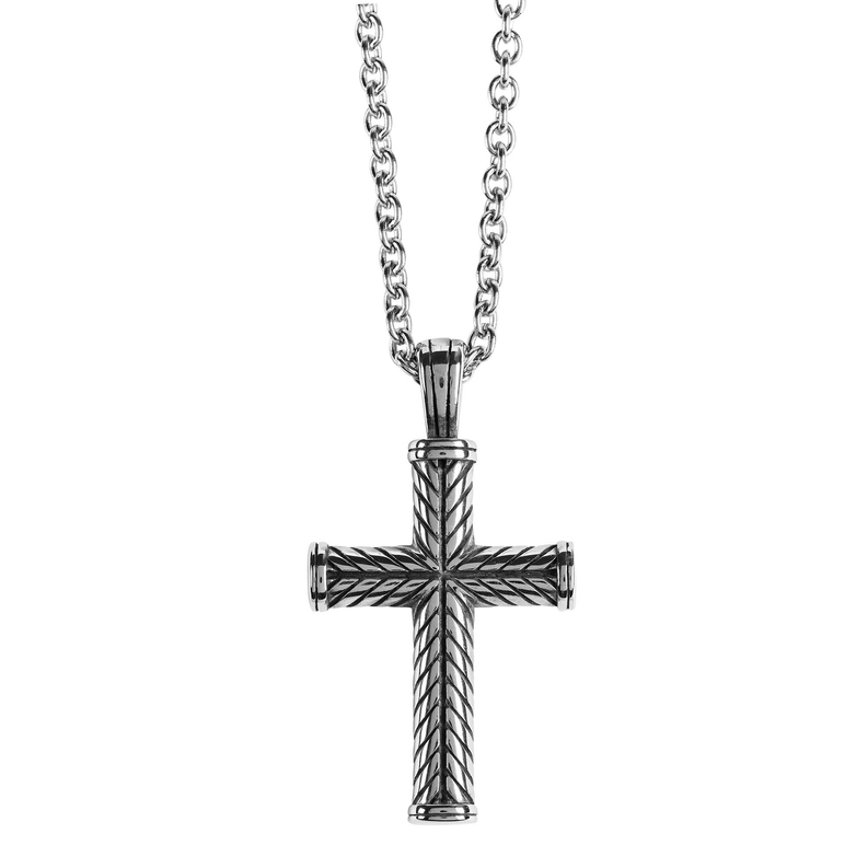 Stainless steel cross pendant necklace with braided swirl pattern and curb chain