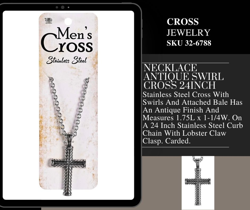 Antique swirl cross pendant necklace with curb chain shown on product card