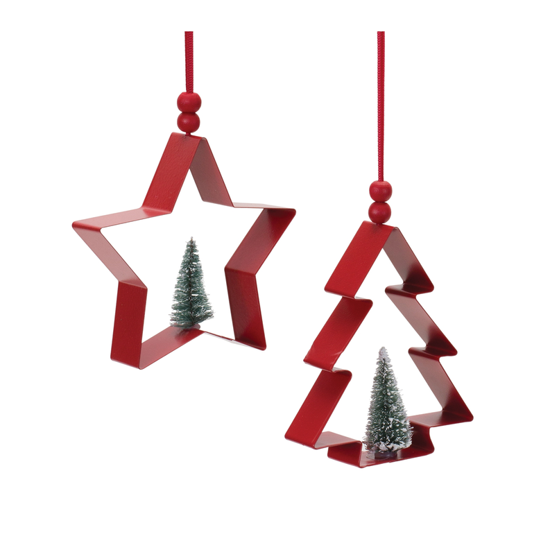 Red star and tree cookie-cutter ornaments with red hanging loop and pine insert