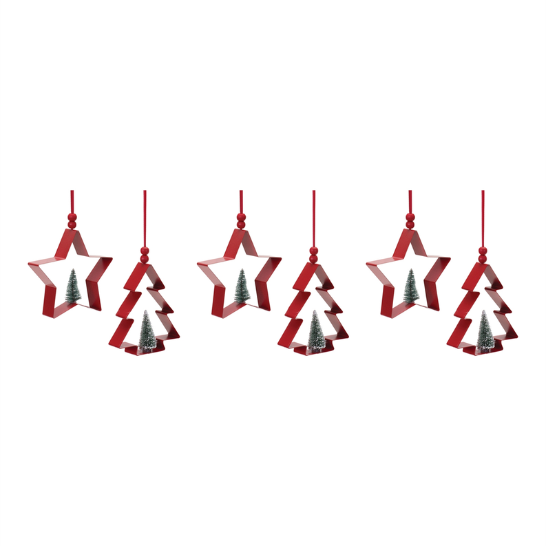 Set of red hanging cookie-cutter ornaments: star and tree shapes with pine inserts
