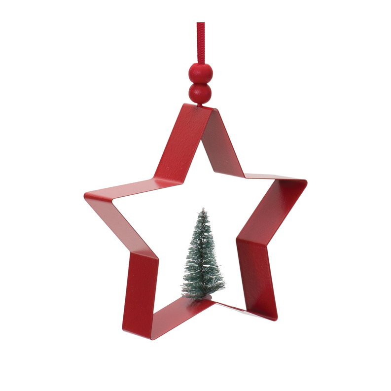 Red star cookie-cutter ornament with hanging loop and small pine tree insert