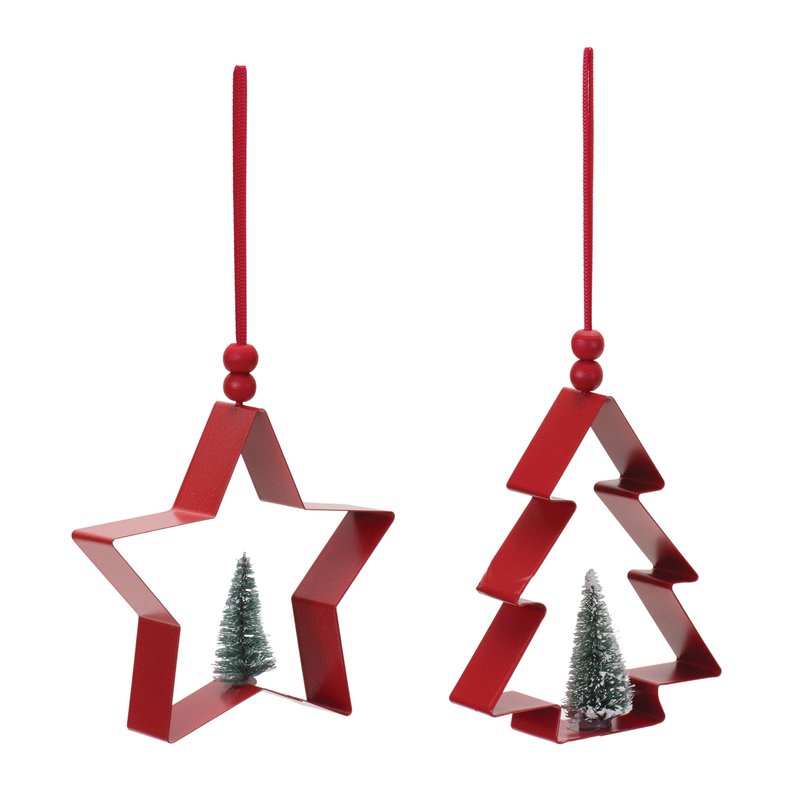 Red star ornament with embedded pine tree detail and hanging red loop