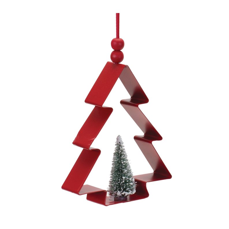Red pine-tree ornament with embedded pine tree detail and hanging red loop