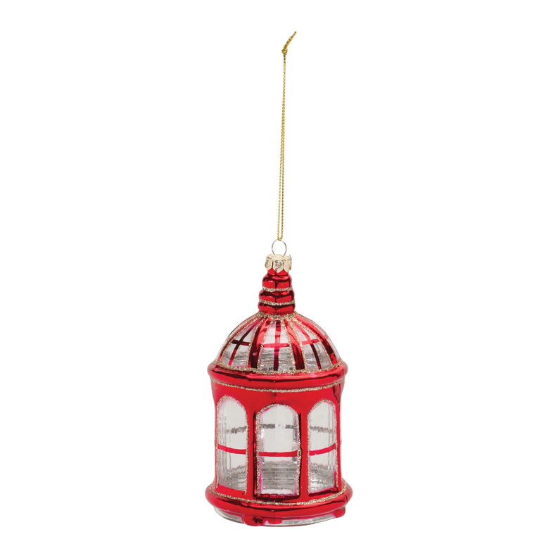 Red glittered glass lantern ornament with arched windows and gold hanging chain