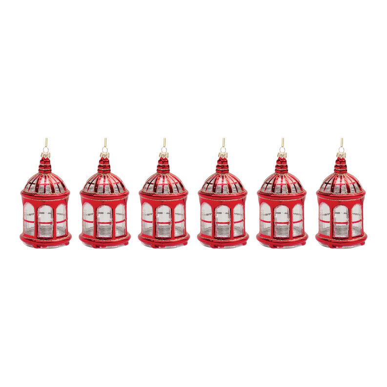 Set of red glass lantern ornaments with arched windows and gold hanging loops