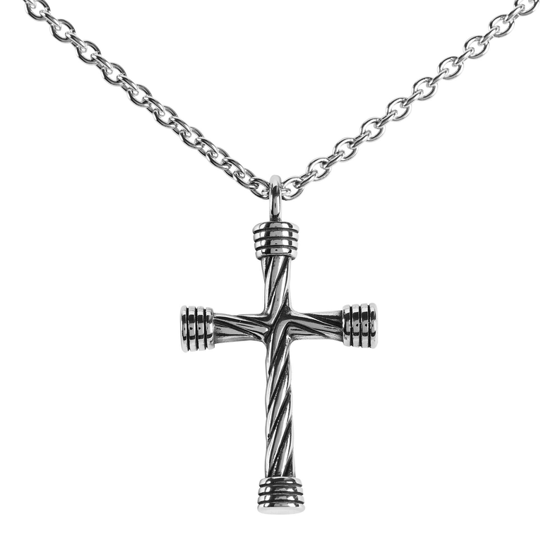 Stainless steel rope-chain cross necklace with linked chain and cross pendant, 24 in