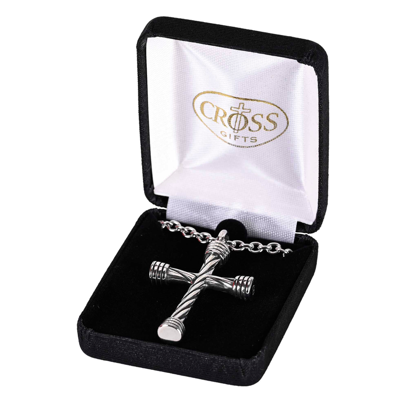 Rope-chain cross necklace with cross pendant displayed in a black gift case