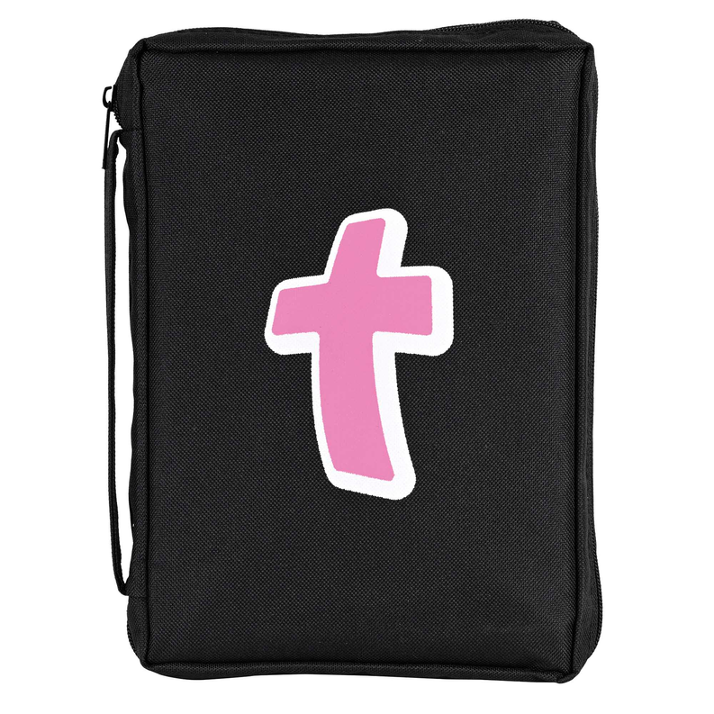 Medium black Bible cover with pink cross graphic and zipper closure