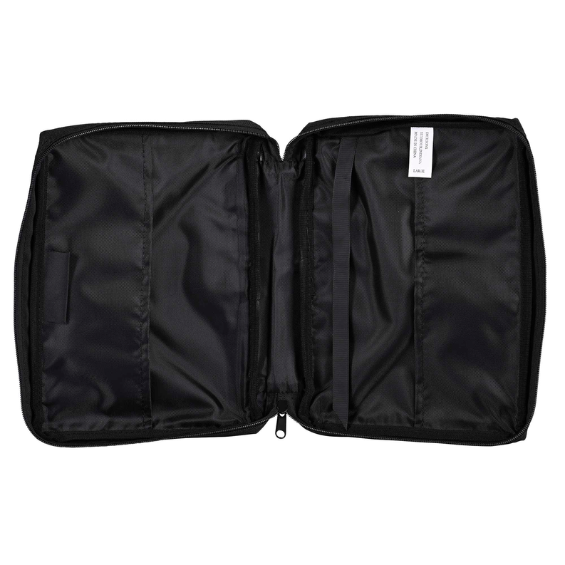 Medium black Bible cover opened flat, showing inner pockets and zipper