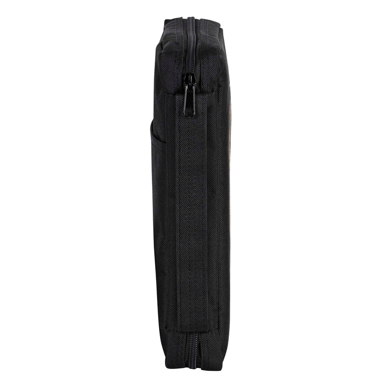 Medium black Bible cover side view with zipper track and hanging loop