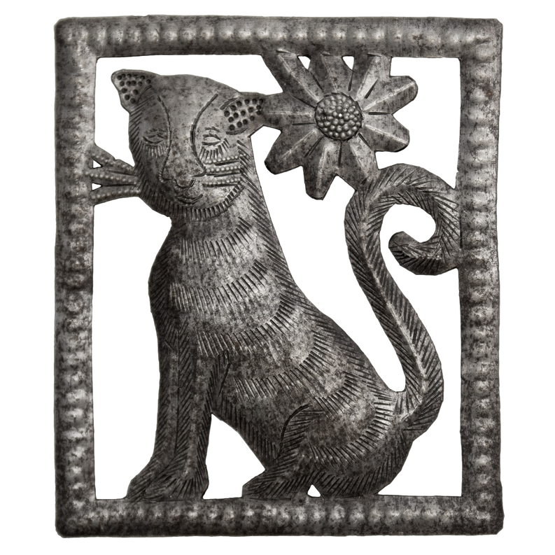 Recycled steel engraved cat silhouette in rectangular wall frame