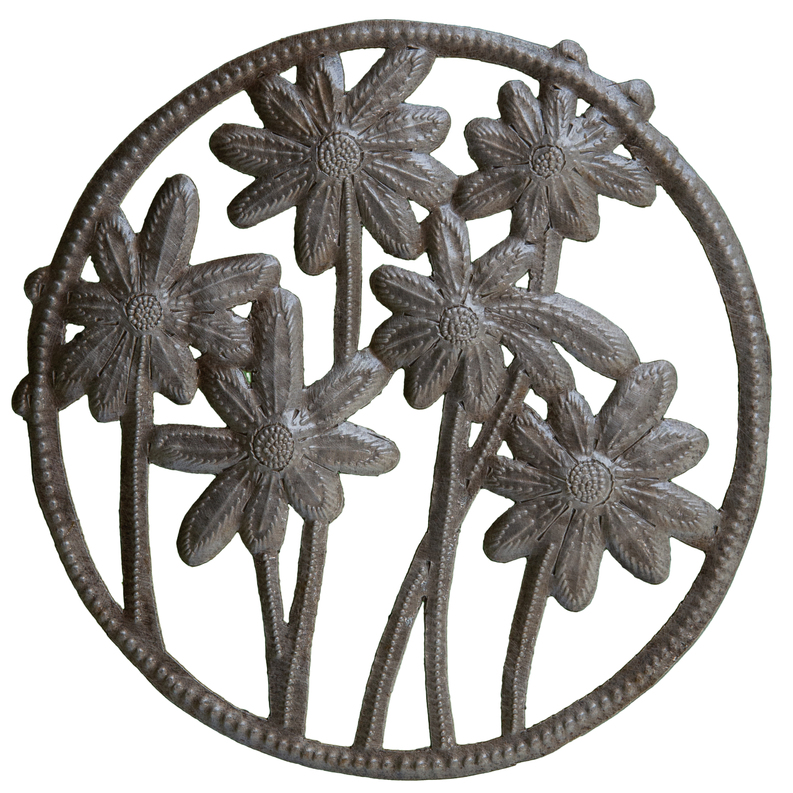Round recycled metal garden wall art featuring layered flowers in an arched frame