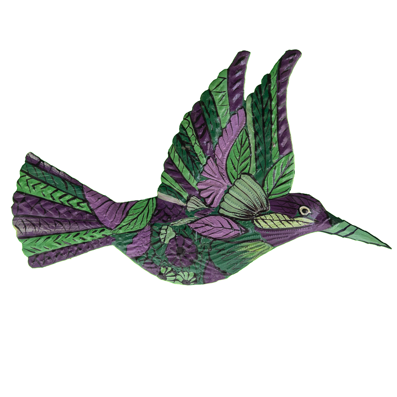 Hummingbird wall decor with painted purple and green feather details
