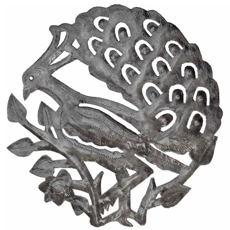 Gray peacock wall decor with layered cutout body, curled tail, and wing details
