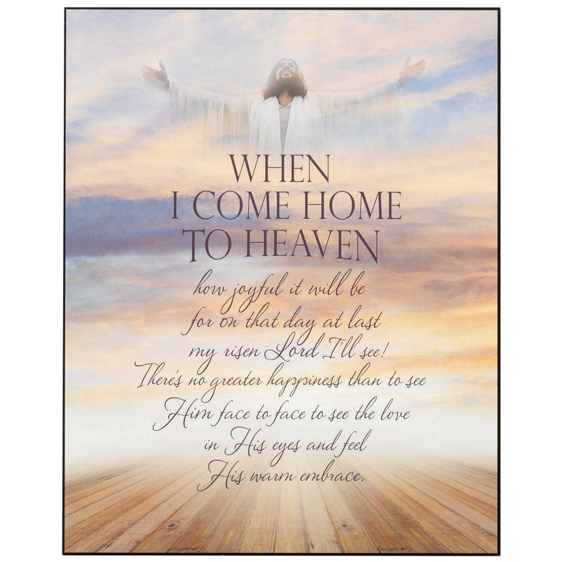 Framed wall plaque with angel over wooden path and centered quote When I come home to heaven