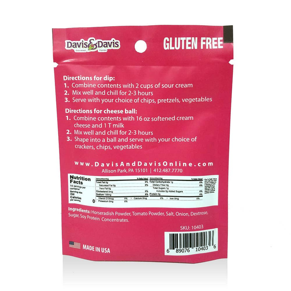 Tomato horseradish dip mix pouch, gluten-free with directions and ingredients