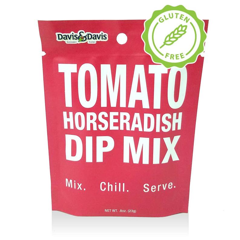 Tomato horseradish dip mix pouch with Davis & Davis gluten-free badge