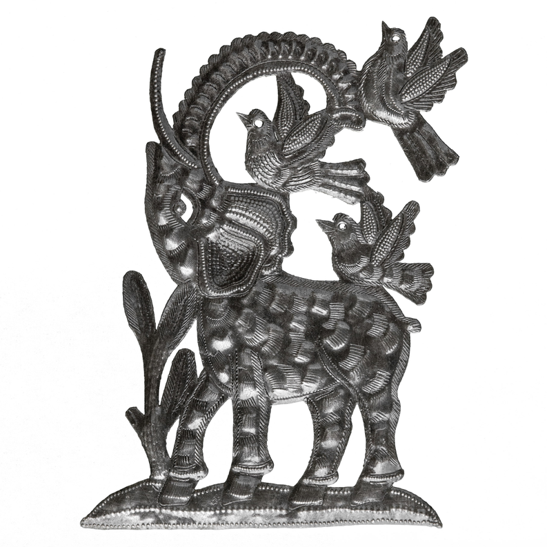 Recycled steel elephant figurine with three birds and tail curled