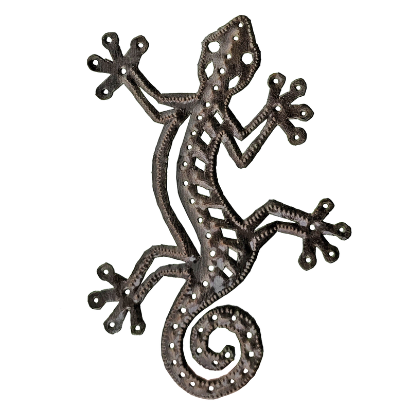 Dark metal gecko wall decoration with rivet details and curled tail