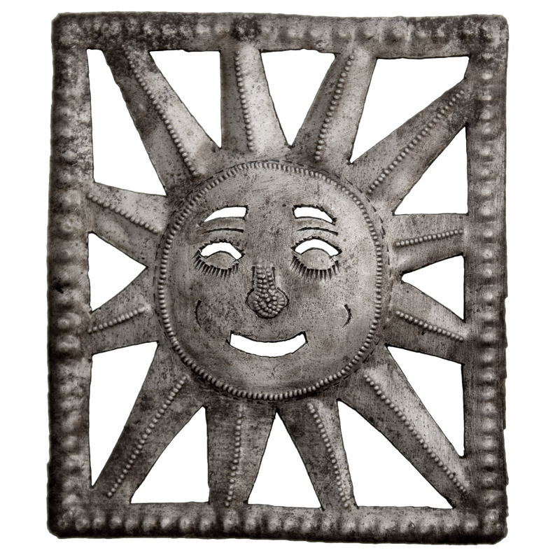 Recycled steel decorative sun panel, smiling face with textured metal rays