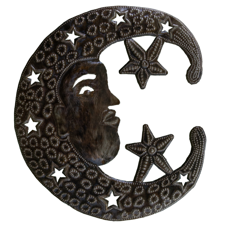 Round dark metal moon and stars decorative plaque with star accents