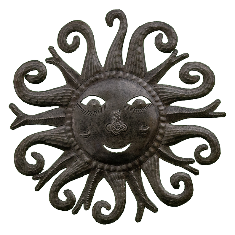 Steel harlequin sun ornament with smiling face and curled rays
