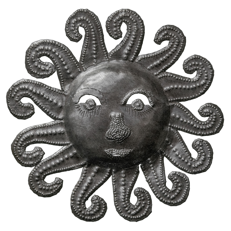 Mini octopus sun ornament in recycled steel, curled tentacles metal face