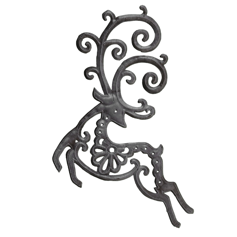 Recycled steel ornamental dancing deer metal wall decor with curled scroll accents