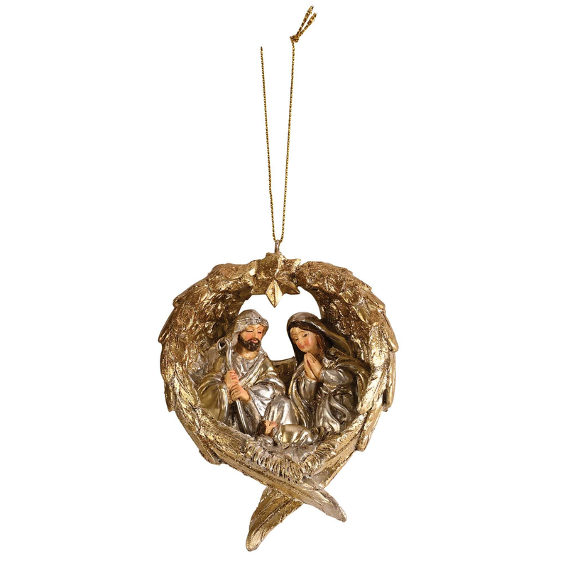 Gold heart Holy Family ornament with Mary, Joseph, and Baby Jesus, hanging loop