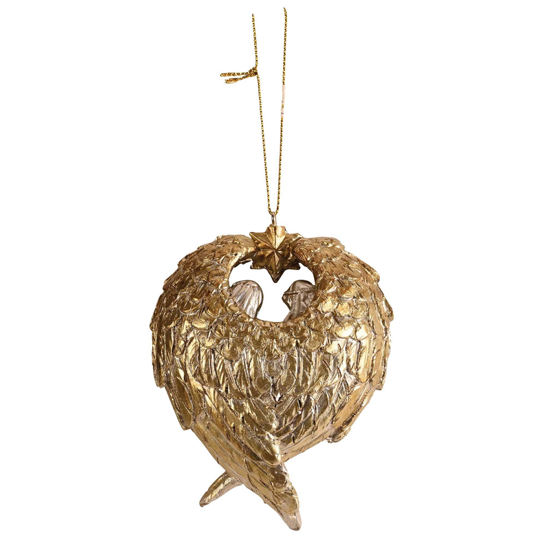 Gold heart Christmas ornament with Holy Family figures and hanging loop